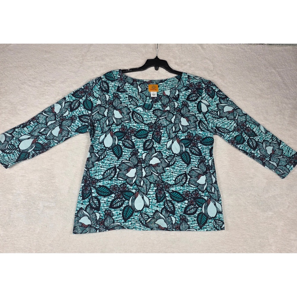 Ruby Rd Floral 3/4 Sleeve Top Women Large Teal Navy Excellent 59471 P2 Cotton